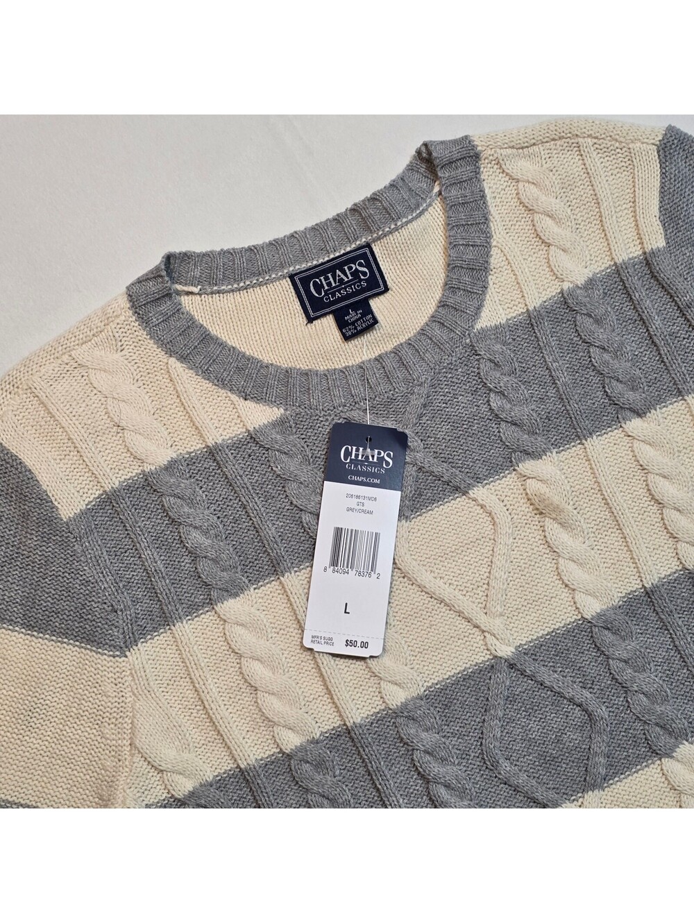 NWT Chaps Classics Striped Cable Knit Crewneck Sweater Grey Cream Women's Large